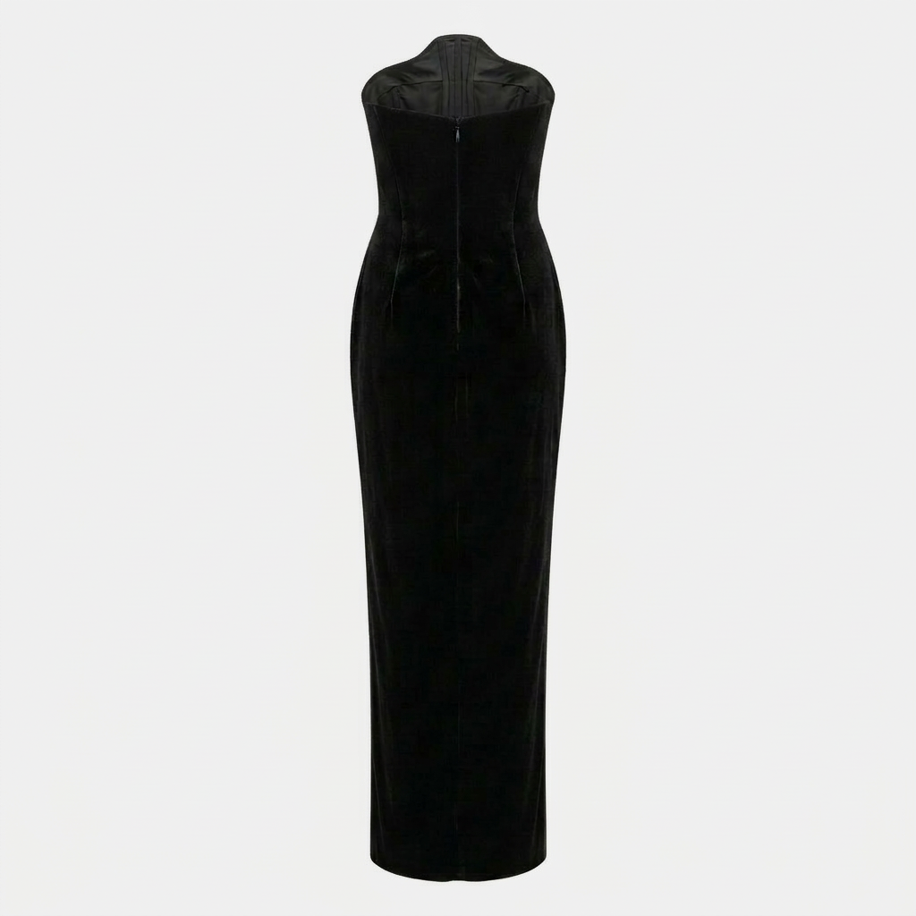 Super Flea Market+Saloni _ Victoria Tang+Black velvet strapless maxi dress+Saffron Vadher2